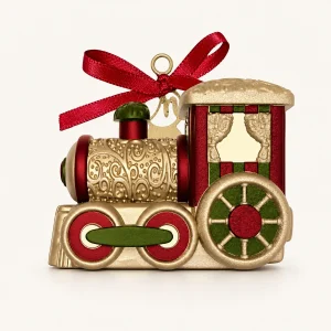 Addobbo per Albero Locomotiva Merano Oro Rosso e Verde Dipinto a Mano