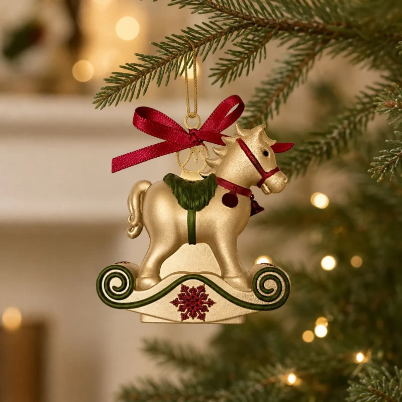 Addobbo per Albero Cavallino Lisi Oro Rosso e Verde Dipinto a Mano