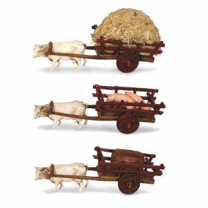 Lot de 3 mini 6 charrettes napolitaines tirées par des vaches pour crèches à l’échelle 1:32