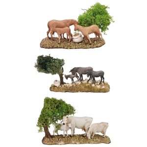 Set 3 Gruppi di Animali con Albero in Lichene Compact 8 per Presepi in Scala 1:22
