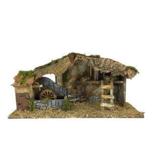 Cabane électrifiée avec moulin à eau 56x19x27 à l’échelle 1:20 pour crèches