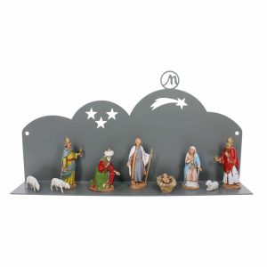 Crèche murale moderne 30x5x10 cm en métal gris RAL 7005 Complet avec 9 Personnages h cm 6,50