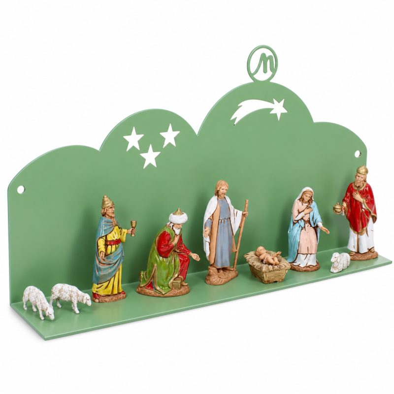 Crèche murale moderne 30x5x10 cm en métal vert clair RAL 6021 Complet avec 9 Personnages h cm 6,50