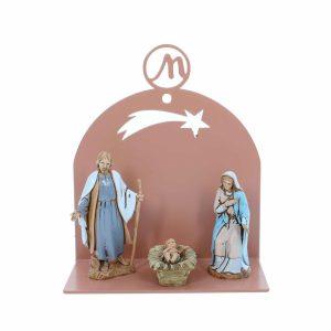 Presepe Moderno da Parete 10x5x10 cm in Metallo Beige Rosato RAL 3012 con Natività 3 Pezzi h cm 6,50