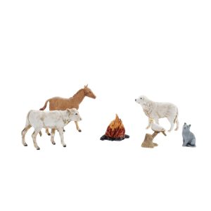 Set 5 Animali e 1 Fuoco Standard 10 per Presepe in Scala 1:20