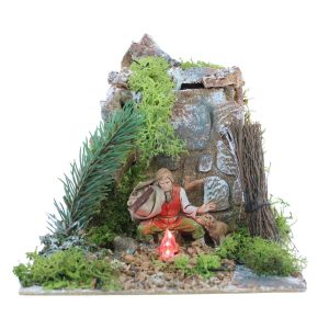 Uomo al Fuoco con Lampada e Fuoco Animato 220V per Presepi Scala 1:20