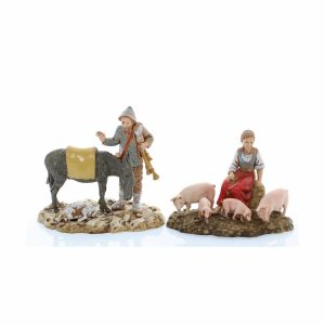 Set Scene Donna con Maiali e Zampognaro con Asino Standard 10 per Presepe in Scala 1:20 Stile Napoletano