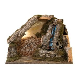Krippenhütte 50x26x33 cm mit Wasserwasserfall, Pumpe und Lichtern für Statuen 10 cm