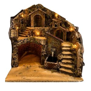Presepe Completo 33x27x35 cm con Luci e Fontana Funzionante, Scala 1:20 per Statue 10 cm