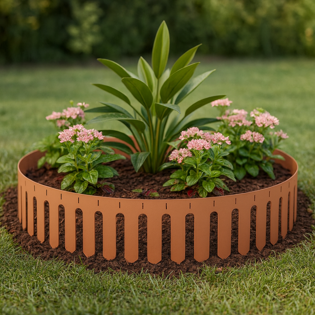 Bordura per aiuola in metallo EUR colore Beige Red RAL 3012 installata per delimitare un'aiuola da un prato