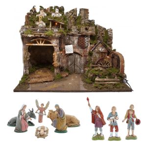Crèche complète 60x34x44 cm avec lumières, moulin à eau et 9 personnages 10 cm, échelle 1:20