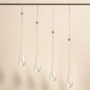 Set 4 Decorazioni per l’Albero in Vetro Gocce Iridescenti Bianche, h cm 15