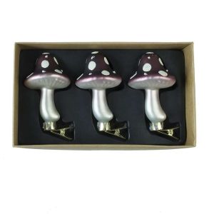 Set 3 gepunktete Pilze im Glas mit Clip h 9 cm marsala weiß