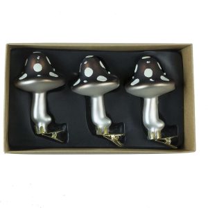 Set 3 gepunktete Champignons aus Glas mit Clip h 9 cm weiß braun