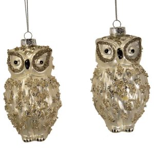 Set mit 2 dekorierten Eulen aus Glas h 12 cm weiß