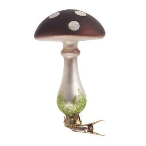 Set 3 funghi pois in vetro con clip h 11 cm bianco marrone
