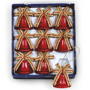 Lot de 9 cloches rouges Ø 3,5 cm avec noeud dans une boîte