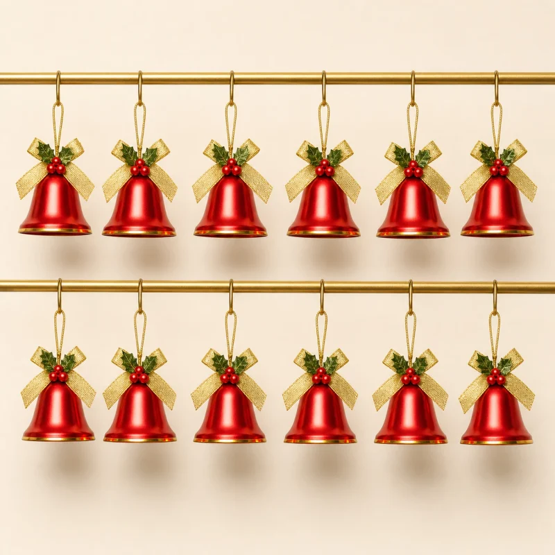 Set mit 12 Glocken Ø 2,5 cm aus rotem Metallic-Satin mit goldener Schleife