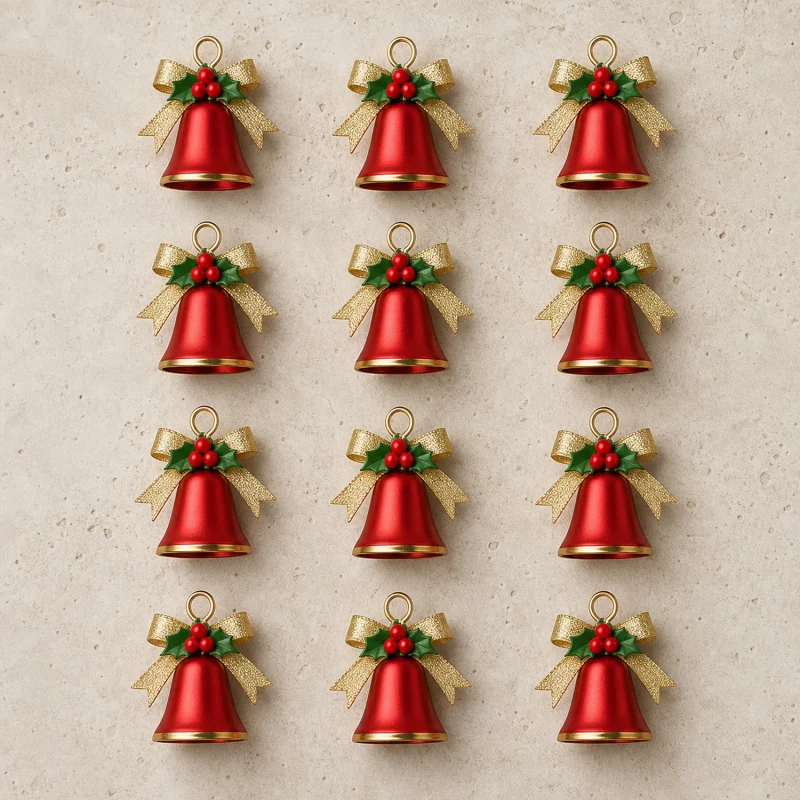 Set mit 12 Glocken Ø 2,5 cm aus rotem Metallic-Satin mit goldener Schleife