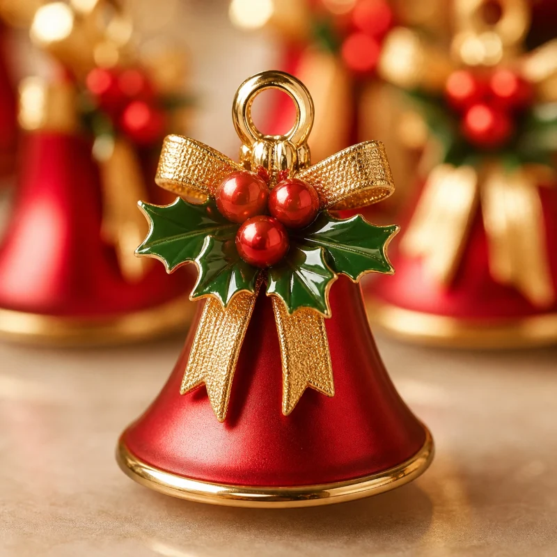 Set mit 12 Glocken Ø 2,5 cm aus rotem Metallic-Satin mit goldener Schleife