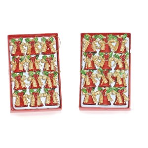 Lot de 12 cloches Ø 2,5 cm en satin rouge métallisé avec nœud doré