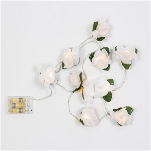 Roses LED blanches - Ø 6 cm - 10 LED à lumière chaude - lumière continue - L 1,50 m - fonctionne sur piles - usage intérieur