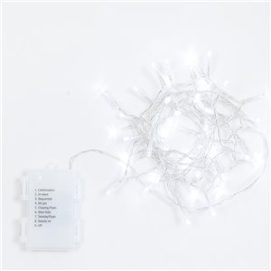 Chaîne 48 LEDs Ice White - jeux de lumière avec minuterie (6h ON/18h OFF) - L 2,40 m - fil transparent - fonctionne sur piles - usage extérieur