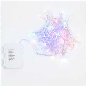 48 Chaîne LED multicolore - jeux de lumière avec minuterie (6h ON/18h OFF) - 2,40 m de long - fil transparent - fonctionne sur piles - usage extérieur