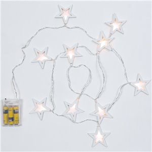 10 étoiles LED en bois H 7 cm - 10 LED à lumière chaude - lumière continue - L 1,50 m - fonctionne sur piles - fil transparent - usage intérieur