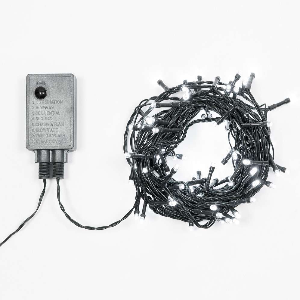 Catena 100 LED Bianco Ghiaccio – giochi luce memory – T.E. 3,6W – L 7 m – 31V – uso esterno