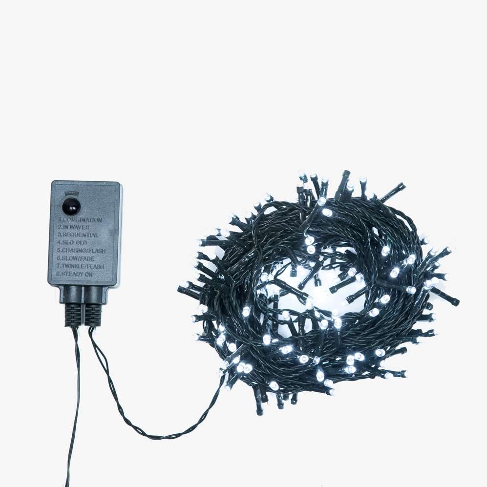 Catena 180 LED Bianco Ghiaccio – giochi luce memory – T.E. 6W – L 13 m – 31V – uso esterno