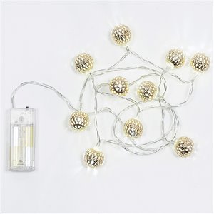 10 sphères dorées métallisées Ø 2,5 cm - 10 LEDs lumière froide - fil transparent - lumière constante - fonctionne avec des piles - utilisation intérieure