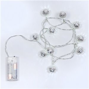 10 sphères argentées métallisées Ø 2,5 cm - 10 LEDs lumière froide - fil transparent - lumière constante - fonctionnement à piles - utilisation en intérieur