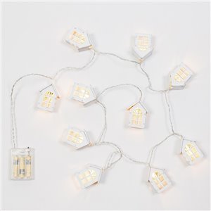 Maisons LED H 6,5 cm bois blanc - 10 LED lumière chaude - lumière constante - fonctionne sur piles - utilisation intérieure