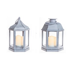 Farol Hexagonal Gris H 22 cm (2 formas surtidas) - con vela LED - uso en interiores - pilas no incluidas