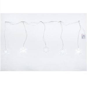 Tenda 5 Fiocchi di Neve in Acrilico LED H 11 cm – L 140 cm × 54 cm – 5 LED chiari flashing – filo trasparente – a batteria – uso interno
