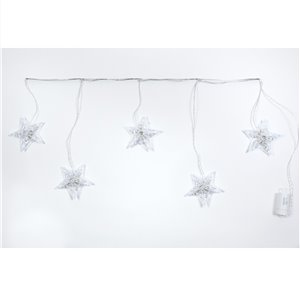 Tenda Stelle Diamanti Sfalsata a Batteria – 5 stelle H 15 cm – 50 LED Bianco Ghiaccio – giochi luce con timer (6h ON/18h OFF) – L 1 m × H max 40 cm – filo trasparente – a batteria – uso esterno