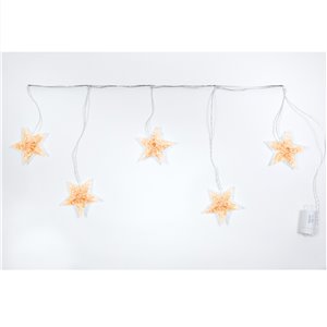 Tenda Stelle Diamanti Sfalsata a Batteria – 5 stelle H 15 cm – 50 LED luce calda – giochi luce con timer (6h ON/18h OFF) – L 1 m × H max 40 cm – filo trasparente – a batteria – uso esterno