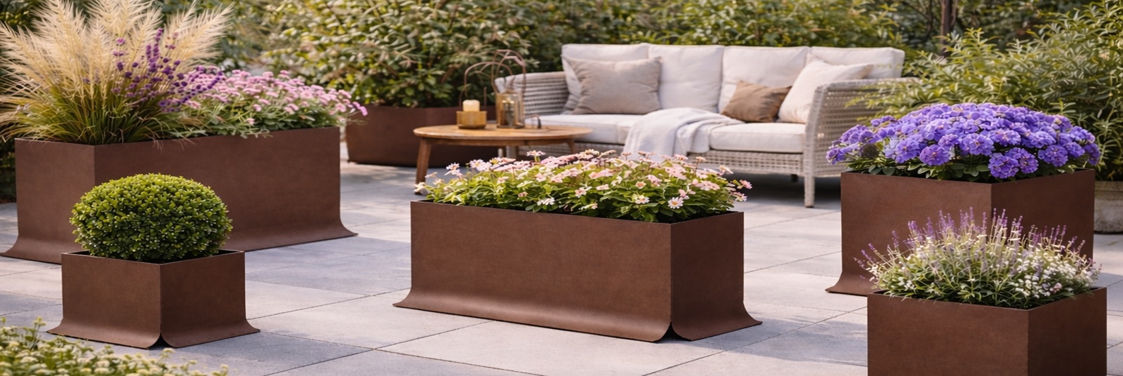 Fioriere da esterno in metallo per giardino e terrazzo, ideali per arredo outdoor contemporaneo