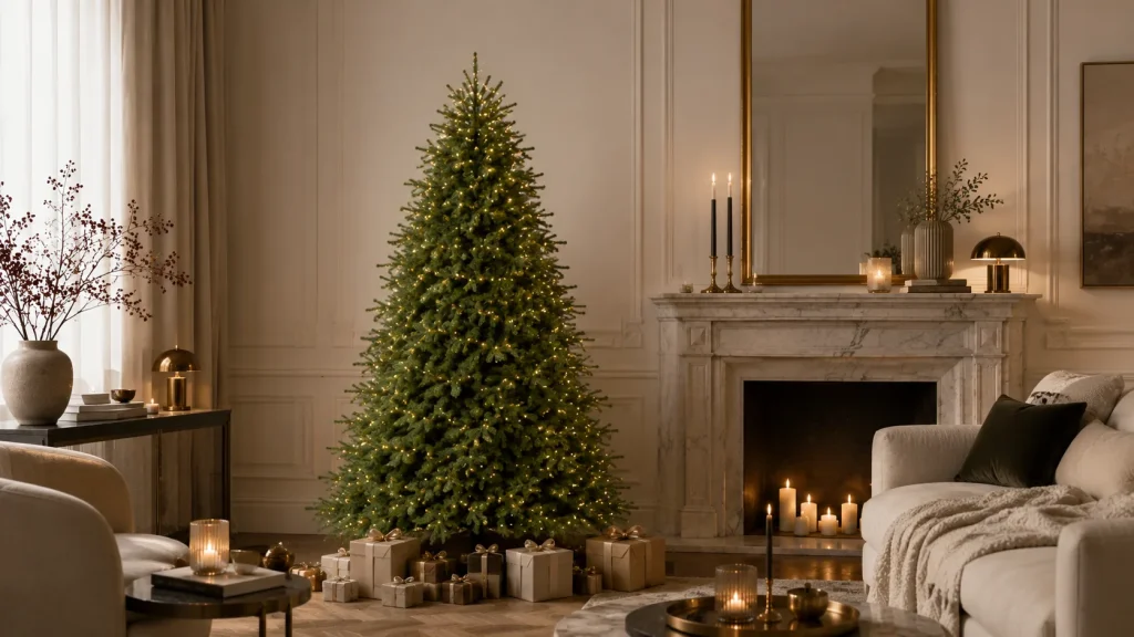 Salotto elegante con atmosfera natalizia con Albero Everest Moranduzzo preilluminato