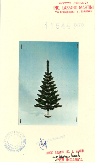 Official photograph attached to Industrial Model Patent No. 022889 Moranduzzo 1985 Ministry of Industry Rome artificial Christmas tree curvilinear leaves