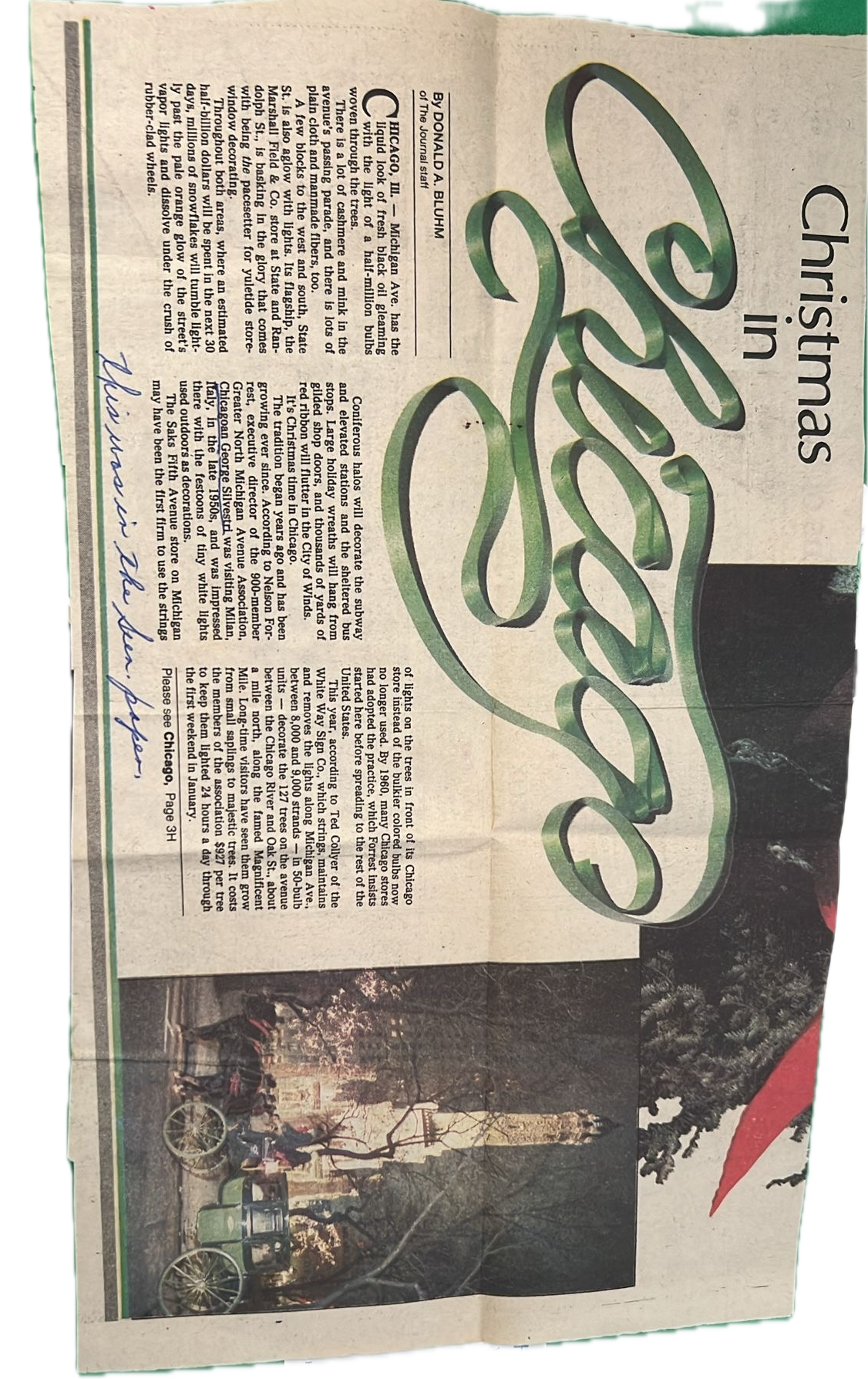 Recorte Chicago Tribune artículo Navidad en Chicago nota manuscrita Moranduzzo el proveedor prueba archivo familiar