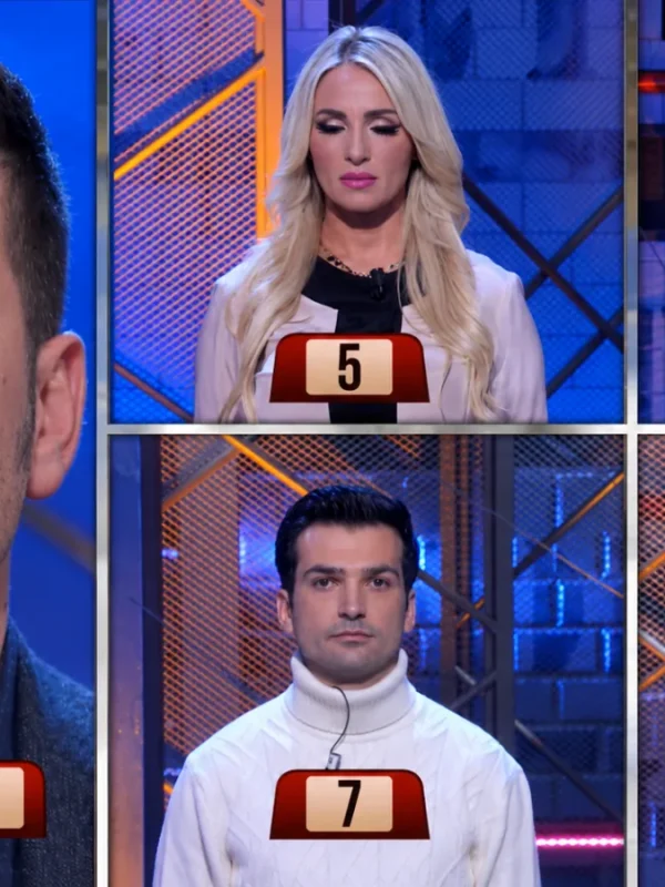 Scena dal programma televisivo Rai con il concorrente e i candidati numerati, tra cui il parente misterioso identificato come il fratello di Matteo Moranduzzo (identità numero 6).