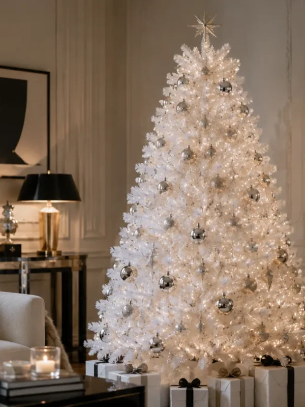 Salotto elegante con albero di Natale bianco