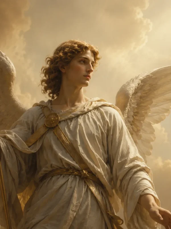 Immagine artistica di una figura angelica maestosa con grandi ali e abiti drappeggiati, immersa in una luce calda tra le nuvole, simbolo di spiritualità e protezione.
