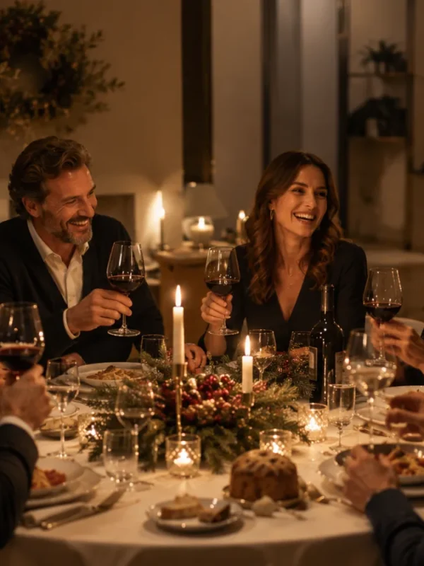Famiglia riunita attorno a una tavola apparecchiata per il cenone di Natale, brindando con calici di vino rosso in un'atmosfera conviviale.