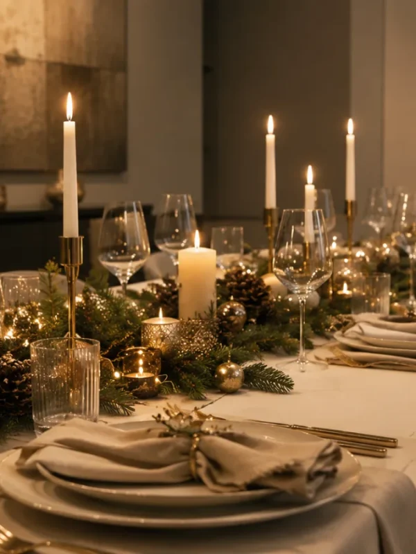 Tavola apparecchiata elegantemente per il cenone di Natale con centrotavola composto da rami di abete, candele accese e decorazioni color oro, in stile festivo classico.