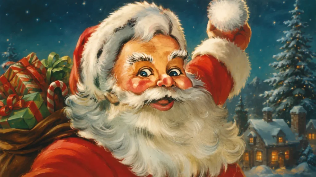 Illustrazione originale di Babbo Natale firmata Moranduzzo, ritratto con sacco di regali in un paesaggio innevato, simbolo dell'immaginario natalizio del brand.