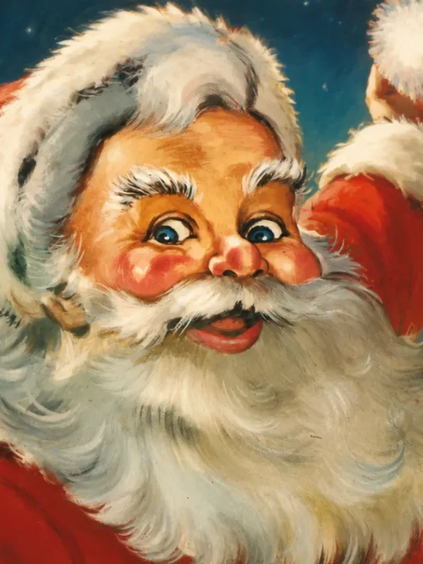 Illustrazione originale di Babbo Natale firmata Moranduzzo, ritratto con sacco di regali in un paesaggio innevato, simbolo dell'immaginario natalizio del brand.