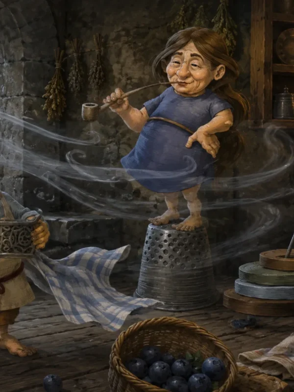 Illustrazione originale Moranduzzo dei Buffardelli, creature leggendarie del folklore italiano, ritratti in un'ambientazione rurale notturna mentre compiono dispetti magici.